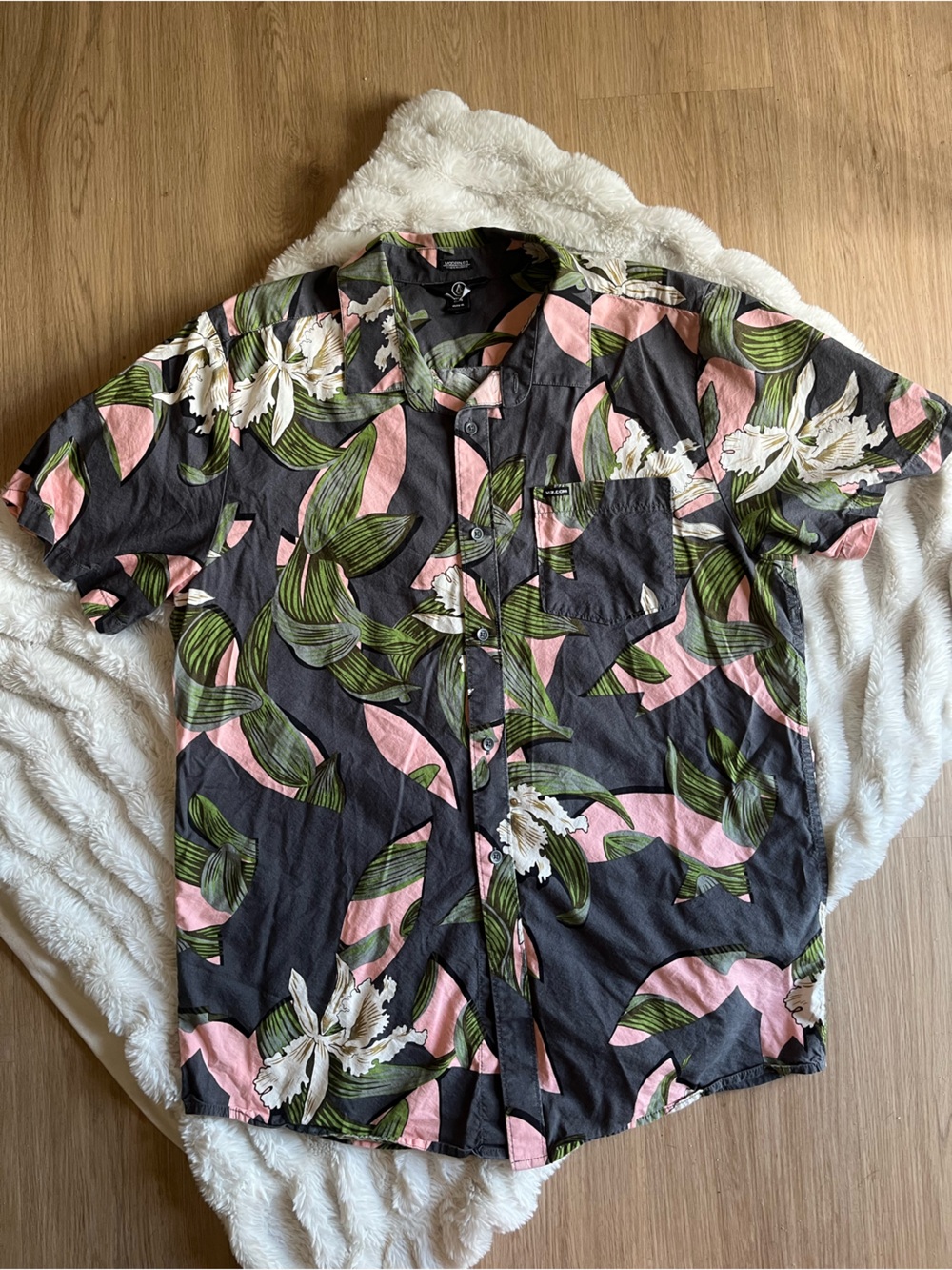 Volcom Black Short-Sleeve Floral Button-Down with Pink & Green Accents